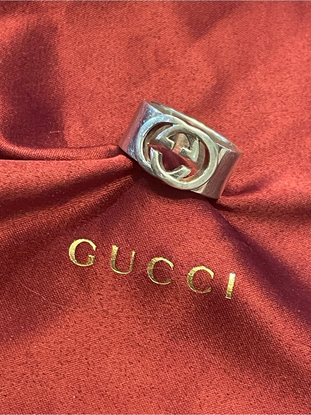 Gucci Silver Double G Wide Band Ring on Red Pouch